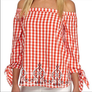 Crown & Ivy petite orange checker off shoulder top